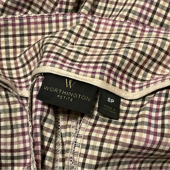 WORTHINGTON sz 8 Petite Pants Plaid High Rise Paper Bag Bow Belt Brown Pink - Picture 5 of 6